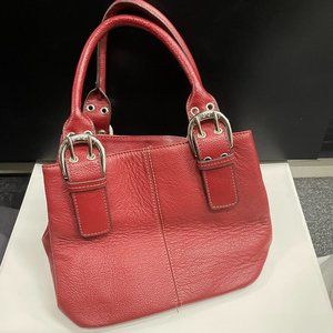 Tignanello Red Pebbled Leather Double Handle Handbag Silver Buckle